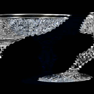 Compote, American Brilliant Cut Glass, Six-Point Star With Hobstar, Nailhead Diamond, Prism And Fan: Compote, American Brilliant Cut Glass, Six-Point Star With Hobstar, Nailhead Diamond, Prism And Fan Highlights, 7" x 8.25", Teardrop Stem, Hobstar Foot, Mike & Sandra Hackney, Georgia.