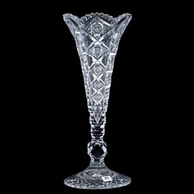 Trumpet Vase, American Brilliant Cut Glass, Signed Hawkes Queens Pattern