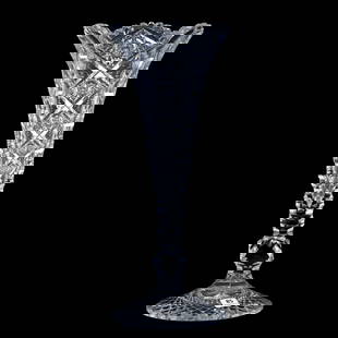 Trumpet Vase, American Brilliant Cut Glass, Signed Hawkes Queens Pattern: Trumpet Vase, American Brilliant Cut Glass, Signed Hawkes Queens Pattern, 15" x 6.25", Facet Cut Knob Stem, Hobstar Foot, Rim Chip, Mike & Sandra Hackney, Georgia.