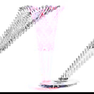 Trumpet Vase, American Brilliant Cut Glass, Red Cut To Clear: Trumpet Vase, American Brilliant Cut Glass, Red Cut To Clear, 7" x 3.25", Crosscut Diamond, Strawberry Diamond And Fan Motif, Ray Cut Foot, One Tooth With Interior Rim Chip, Georgia Private