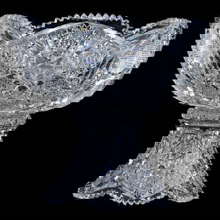 Punch Bowl, Two Part, American Brilliant Cut Glass: Punch Bowl, Two Part, American Brilliant Cut Glass, 13" x 14.5", Alternating Hobstar Cluster With Vesica, Nailhead Diamond, Strawberry Diamond, Star And Fan Highlights, Very Nice Quality, Total