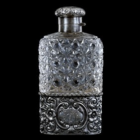 Flask, American Brilliant Cut Glass, Russian Cut Pattern With Removable Sterling Silver Oval Cup