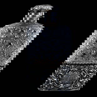 Flask, American Brilliant Cut Glass, Russian Cut Pattern With Removable Sterling Silver Oval Cup: Flask, American Brilliant Cut Glass, Russian Cut Pattern With Removable Sterling Silver Oval Cup, 6" x 3" x 1.5", Sterling Silver Twist Top, Mike & Sandra Hackney, Georgia.