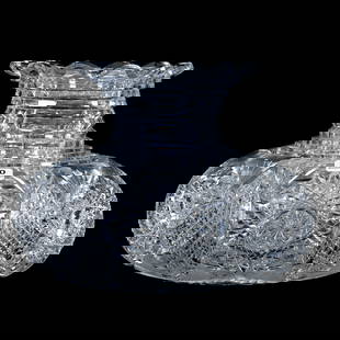 Flower Center, American Brilliant Cut Glass: Flower Center, American Brilliant Cut Glass, 7" x 10", Hobstar, Vesica, Nailhead Diamond, Strawberry Diamond & Fan Motif, Large Hobstar Base, Total Weight Of Over 10 Pounds, Georgia Private