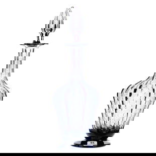 Footed Decanter, American Brilliant Cut Glass, Amethyst Cut To Clear, Signed Libbey: Footed Decanter, American Brilliant Cut Glass, Amethyst Cut To Clear, Signed Libbey, 13" x 4.5", Flute Pattern With Finely Engraved Bird And Wild Floral Decor, Pattern Engraved Stopper, Very Rare,