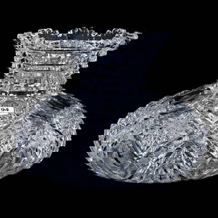 Flower Center, American Brilliant Cut Glass, Hobstar, Strawberry Diamond, Star, Prism, Fan & Feather: Flower Center, American Brilliant Cut Glass, Hobstar, Strawberry Diamond, Star, Prism, Fan & Feather Motif, 7.25" x 10", Feathered Ray Cut Base, Step Cut Neck, Quality Blank, Georgia Private