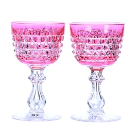 Pair Wine Stems, American Brilliant Cut Glass, Cranberry Cut To Clear, Hob Diamond Attributed To