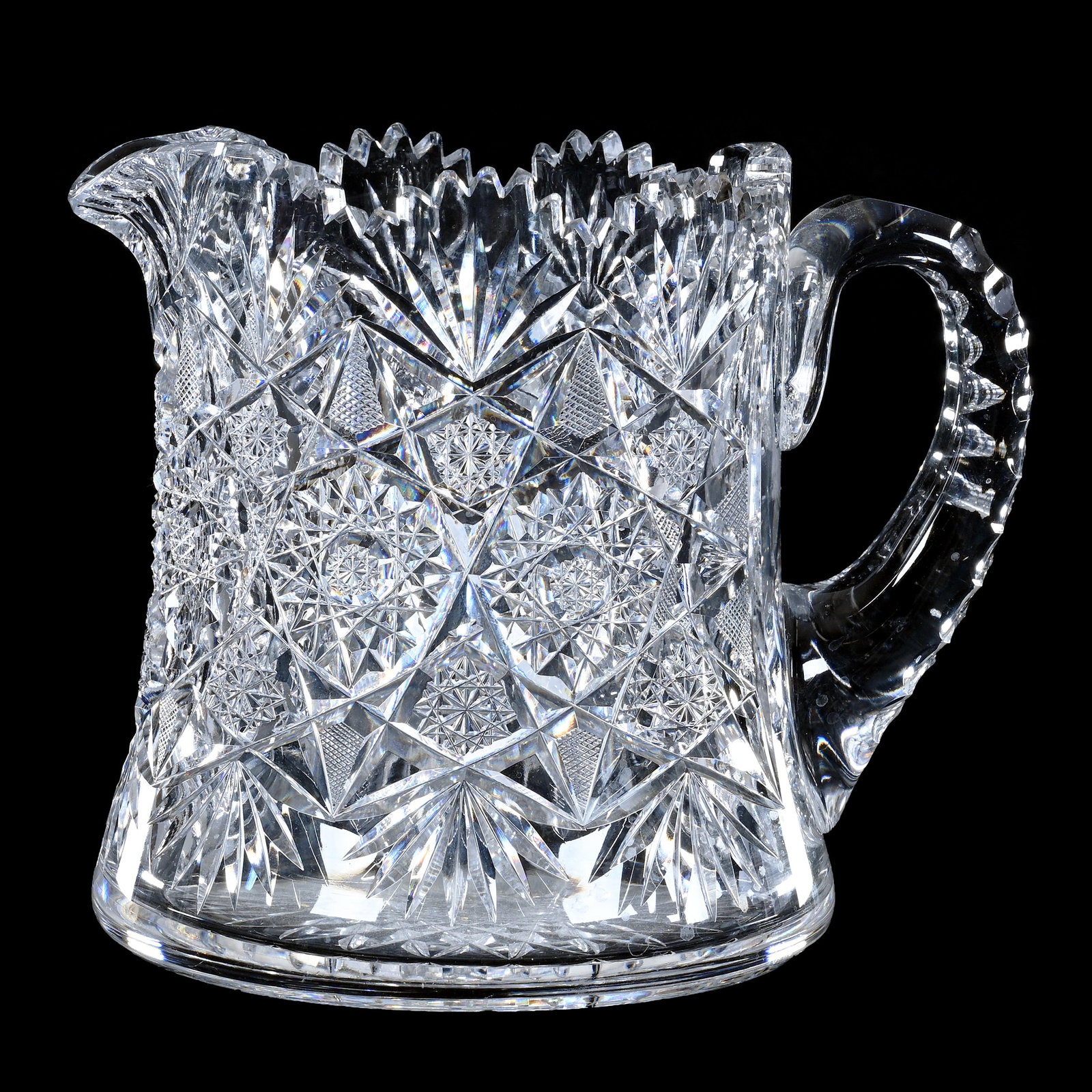 Cider Pitcher, American Brilliant Cut Glass, Hobstar, Strawberry Diamond And Fan Motif: Cider Pitcher, American Brilliant Cut Glass, Hobstar, Strawberry Diamond And Fan Motif, 6.5" x 7.75", Triple Notched Handle, Hobstar Base, Georgia Private Collection.