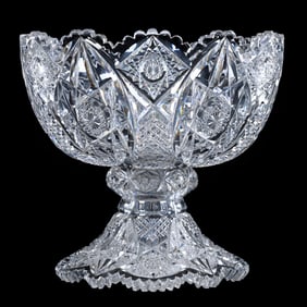 Punch Bowl, Two Part, American Brilliant Cut Glass, Signed Hawkes Raleigh Pattern