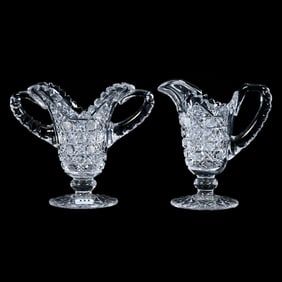 Pedestal Creamer & Sugar Set, American Brilliant Cut Glass, Harvard Pattern