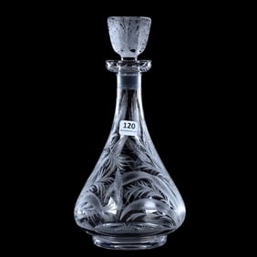 Decanter, American Brilliant Cut Glass, Signed Libbey Engraved Wheat/Rye, Pattern Engraved Stopper