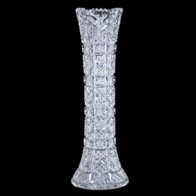 Vase, American Brilliant Cut Glass, Fully Cut With Square Hobstars, Cane And Fan Motif