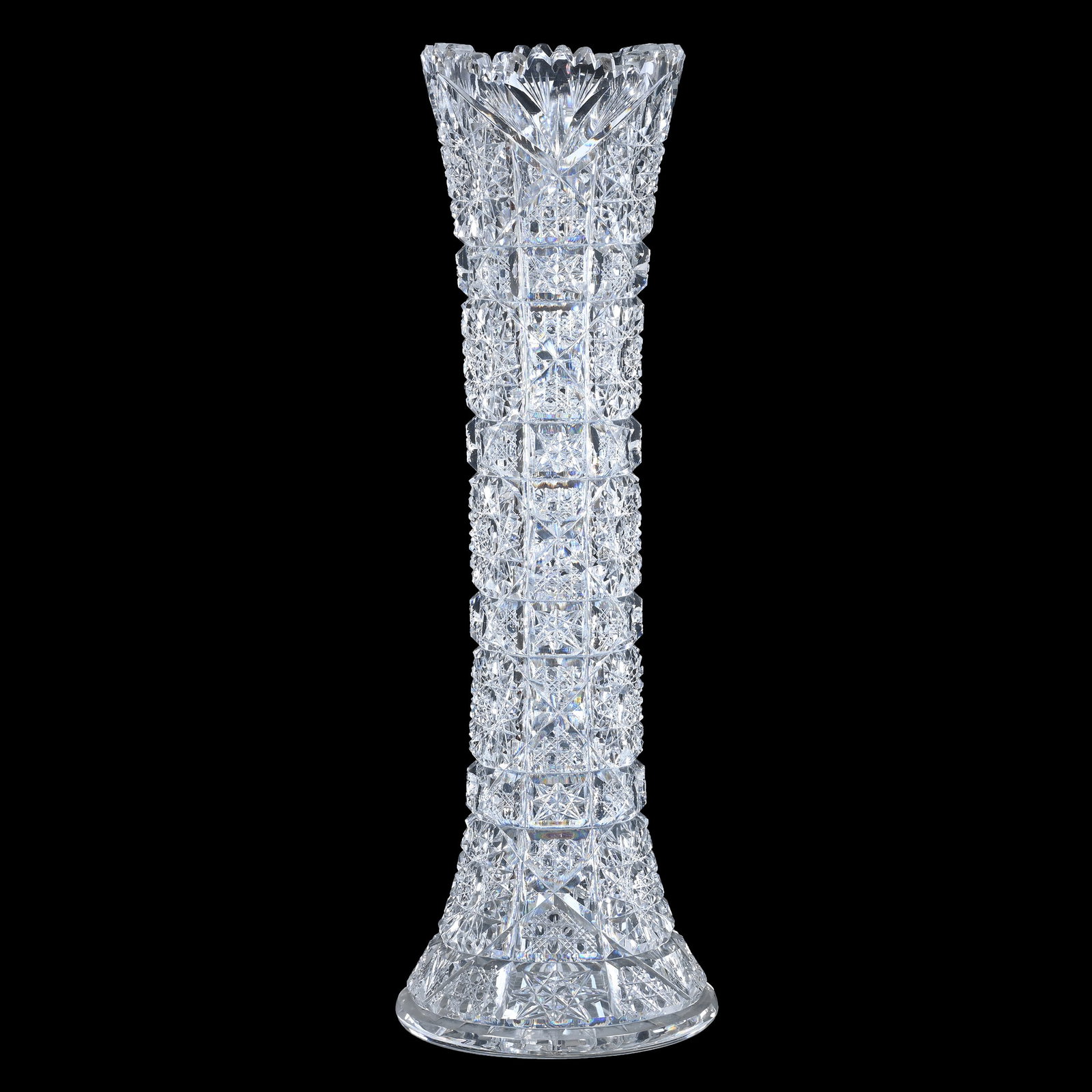 Vase, American Brilliant Cut Glass, Fully Cut With Square Hobstars, Cane And Fan Motif: Vase, American Brilliant Cut Glass, Fully Cut With Square Hobstars, Cane And Fan Motif, 16.25" x 5.5", Ray Cut Base, Georgia Private Collection.
