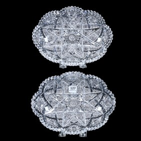 Pair Oval Trays, American Brilliant Cut Glass, Signed Hawkes Kensington Pattern