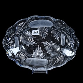 Oval Tray, American Brilliant Cut Glass, Signed Hawkes Gravic Glass, Deeply Engraved Cucumber Decor