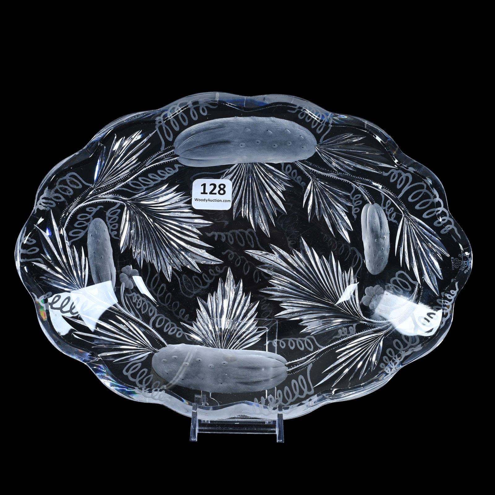 Oval Tray, American Brilliant Cut Glass, Signed Hawkes Gravic Glass, Deeply Engraved Cucumber Decor: Oval Tray, American Brilliant Cut Glass, Signed Hawkes Gravic Glass, Deeply Engraved Cucumber Decor, 9.75" x 7", Very Nice Quality, Mike & Sandra Hackney, Georgia.