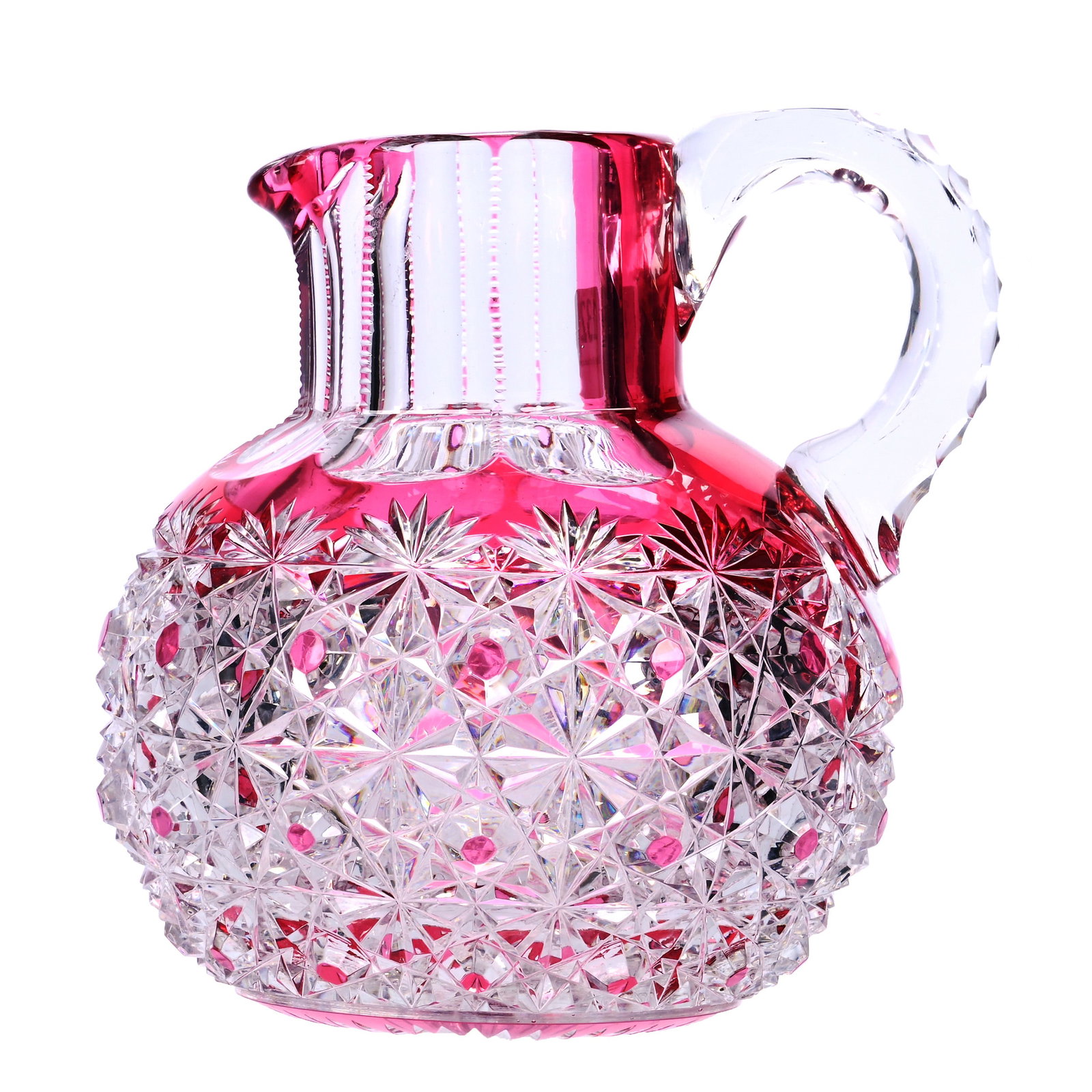Jug, American Brilliant Cut Glass, Cranberry Cut To Clear, Russian Pattern: Jug, American Brilliant Cut Glass, Cranberry Cut To Clear, Russian Pattern, 6.25" x 6", Triple Notched Handle, Ray Cut Base, Hard To See Handle Crack, Mike & Sandra Hackney, Georgia.