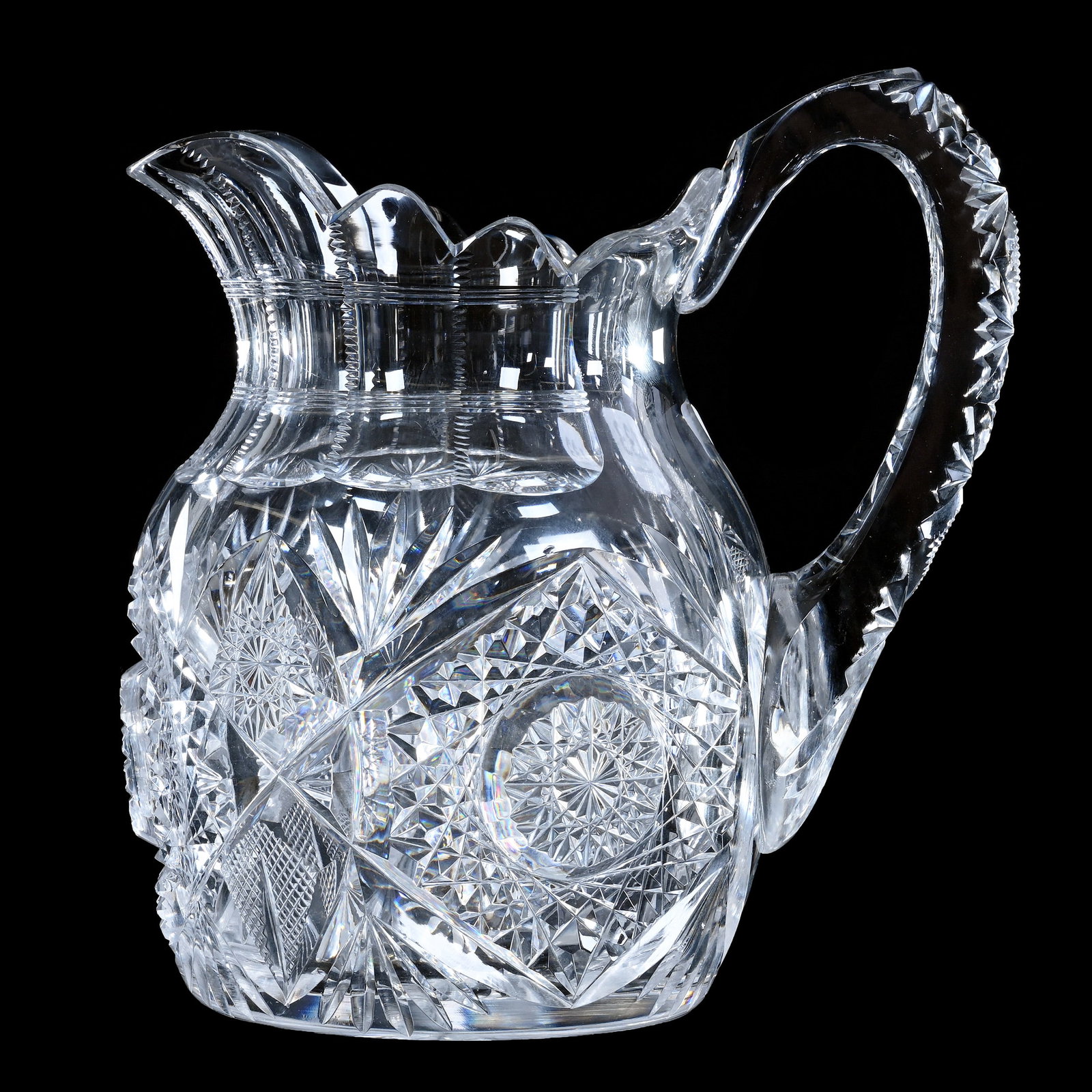 Jug, American Brilliant Cut Glass, Monarch Pattern By J. Hoare: Jug, American Brilliant Cut Glass, Monarch Pattern By J. Hoare, 7.25" x 7", Pattern Cut Handle, Ray Cut Base, Sherri Schott Collection, Kansas.