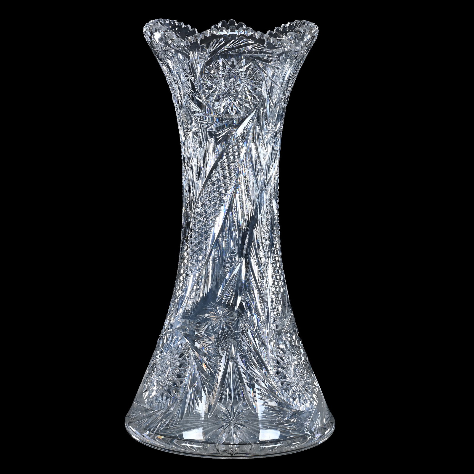 Vase, American Brilliant Cut Glass, Modified Hobstar Pinwheel With Nailhead Diamond Vesica & Fan &: Vase, American Brilliant Cut Glass, Modified Hobstar Pinwheel With Nailhead Diamond Vesica & Fan & Feather Highlights, 14" x 7", Ray Cut Base, Unique Pattern, Georgia Private Collection.