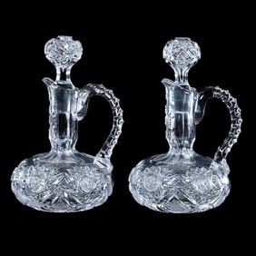 Pair Cruet Bottles, BPCG, Hobstar, Strawberry Diamond And Bar Motif