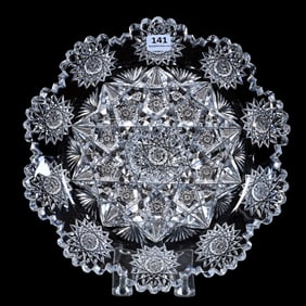 Round Tray, American Brilliant Cut Glass, Snowflake Style Hobstar Center With Hobstar Border