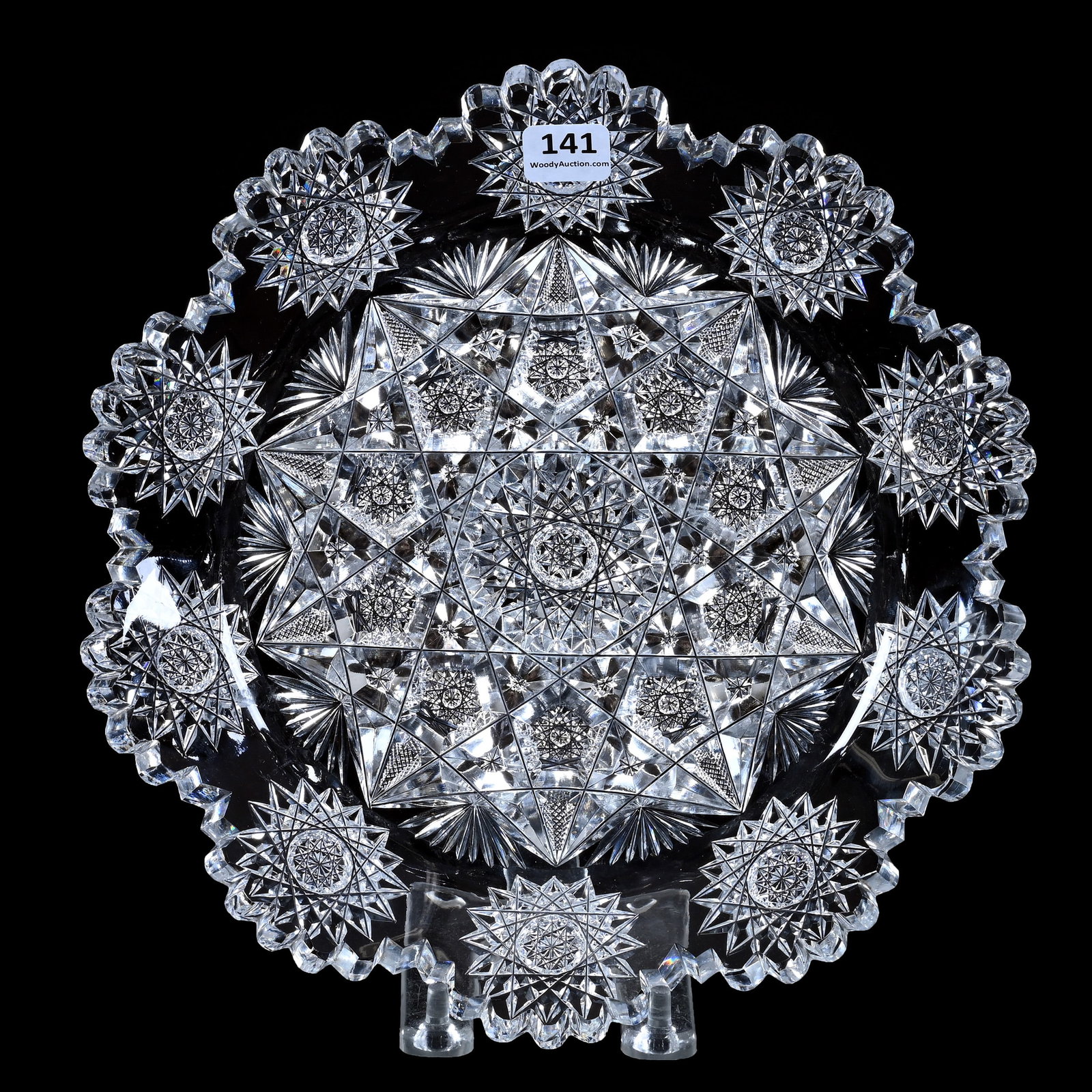 Round Tray, American Brilliant Cut Glass, Snowflake Style Hobstar Center With Hobstar Border: Round Tray, American Brilliant Cut Glass, Snowflake Style Hobstar Center With Hobstar Border, 9.75", Clear Blank, Sherri Schott Collection, Kansas.