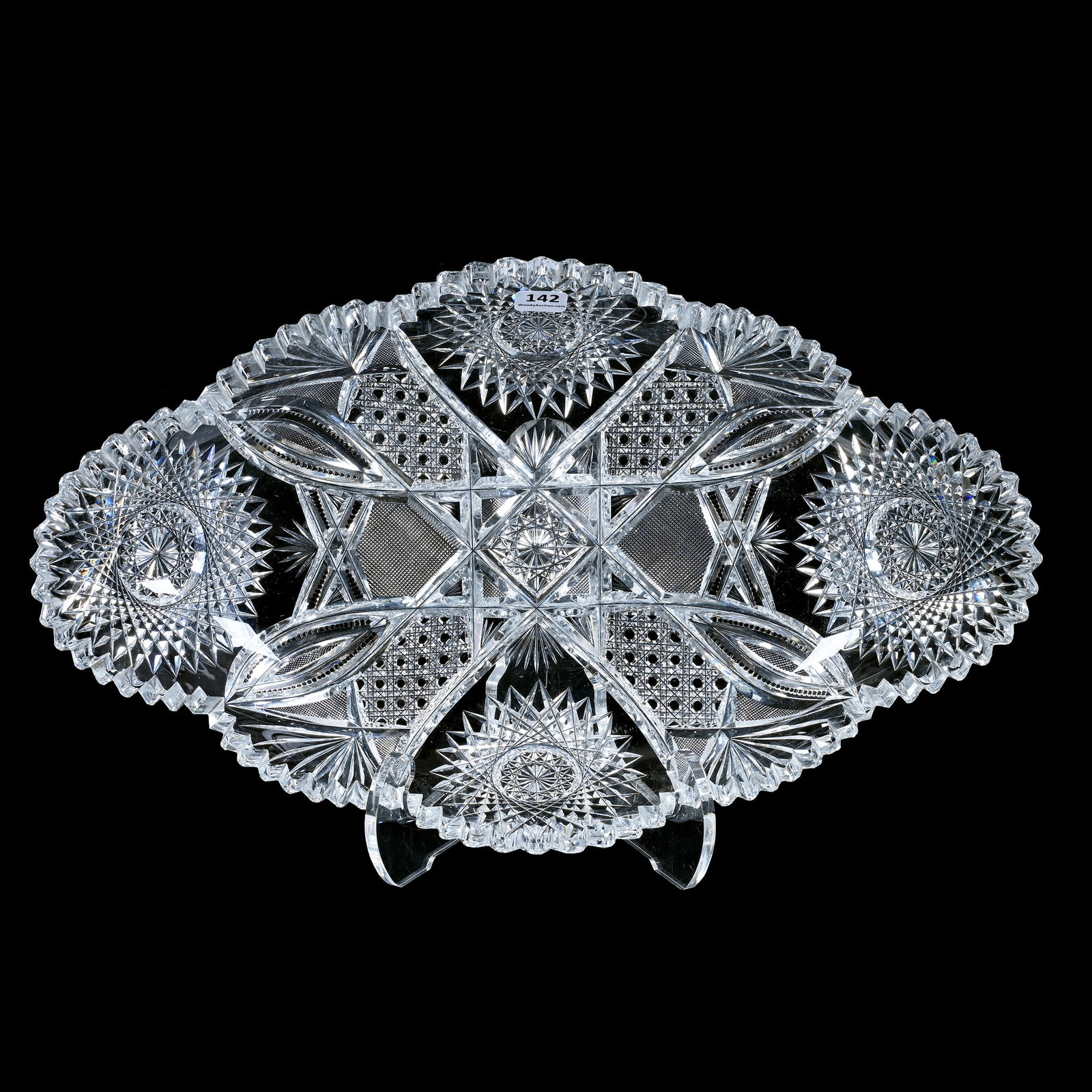 Ice Cream Tray, American Brilliant Cut Glass, Four Alternating Sections Of Hobstar, Cane,: Ice Cream Tray, American Brilliant Cut Glass, Four Alternating Sections Of Hobstar, Cane, Crosshatch, Vesica, Prism & Fan, 17" x 10", Heavy Blank, One Tooth With Small Side Chip, Georgia Private Colle