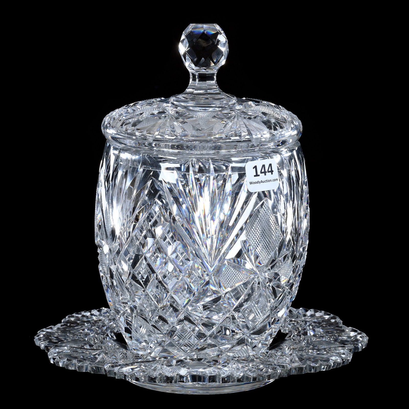 Cracker Jar & Underplate, American Brilliant Cut Glass, Princess Pattern Designed By W. C. Anderson: Cracker Jar & Underplate, American Brilliant Cut Glass, Princess Pattern Designed By W. C. Anderson For Libbey, 8" x 8", Dated 1895, Pattern Cut Lid And Underplate, Base Nick On Jar, Mike & Sandra Hac