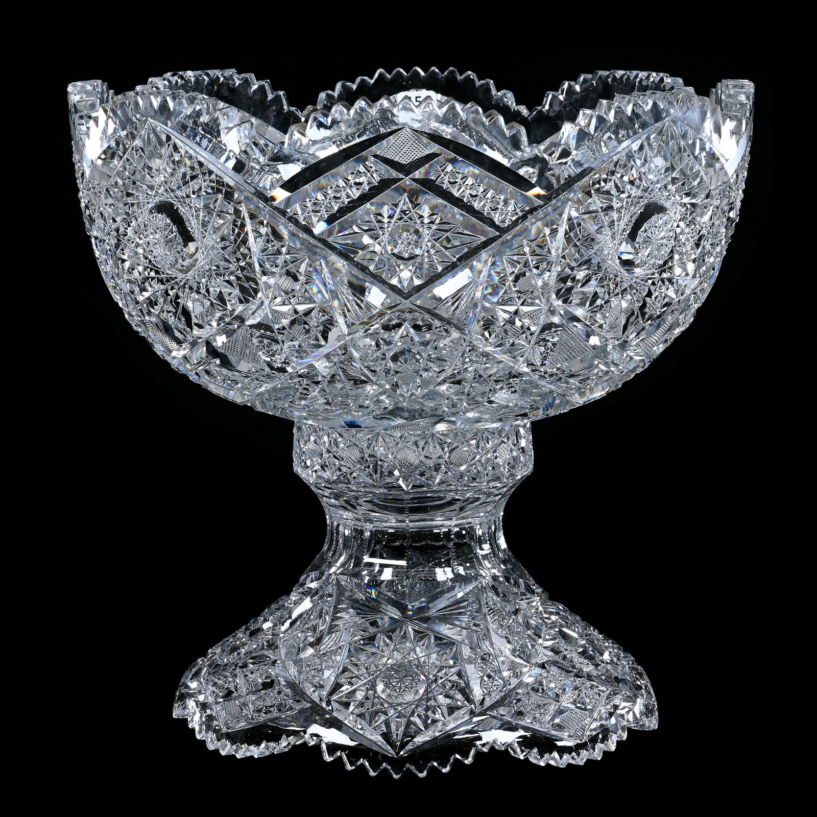 Punch Bowl, Two Part, American Brilliant Cut Glass, Four Alternating Sections Of Hobstar, Shield,: Punch Bowl, Two Part, American Brilliant Cut Glass, Four Alternating Sections Of Hobstar, Shield, Crosshatch, Button & Fan, 13.5" x 14", Total Weight Of 26 Pounds, Some Minor Tooth Roughness On Bowl A