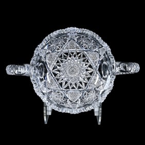 Bowl, Two Handles, American Brilliant Cut Glass, Sections Featuring Hobstar, Arch, Hob Button,