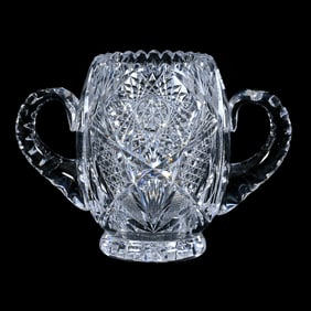 Vase, Two Handles, American Brilliant Cut Glass, Hobstar, Vesica, Cane, Crosshatch, Star & Fan Motif
