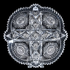 Round Tray, American Brilliant Cut Glass, Signed Libbey, Four Sections Of  Hobstar With Fan