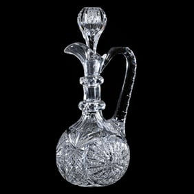 Decanter, Handled, American Brilliant Cut Glass, Sunburst With Crosscut Diamond & Fan Highlights