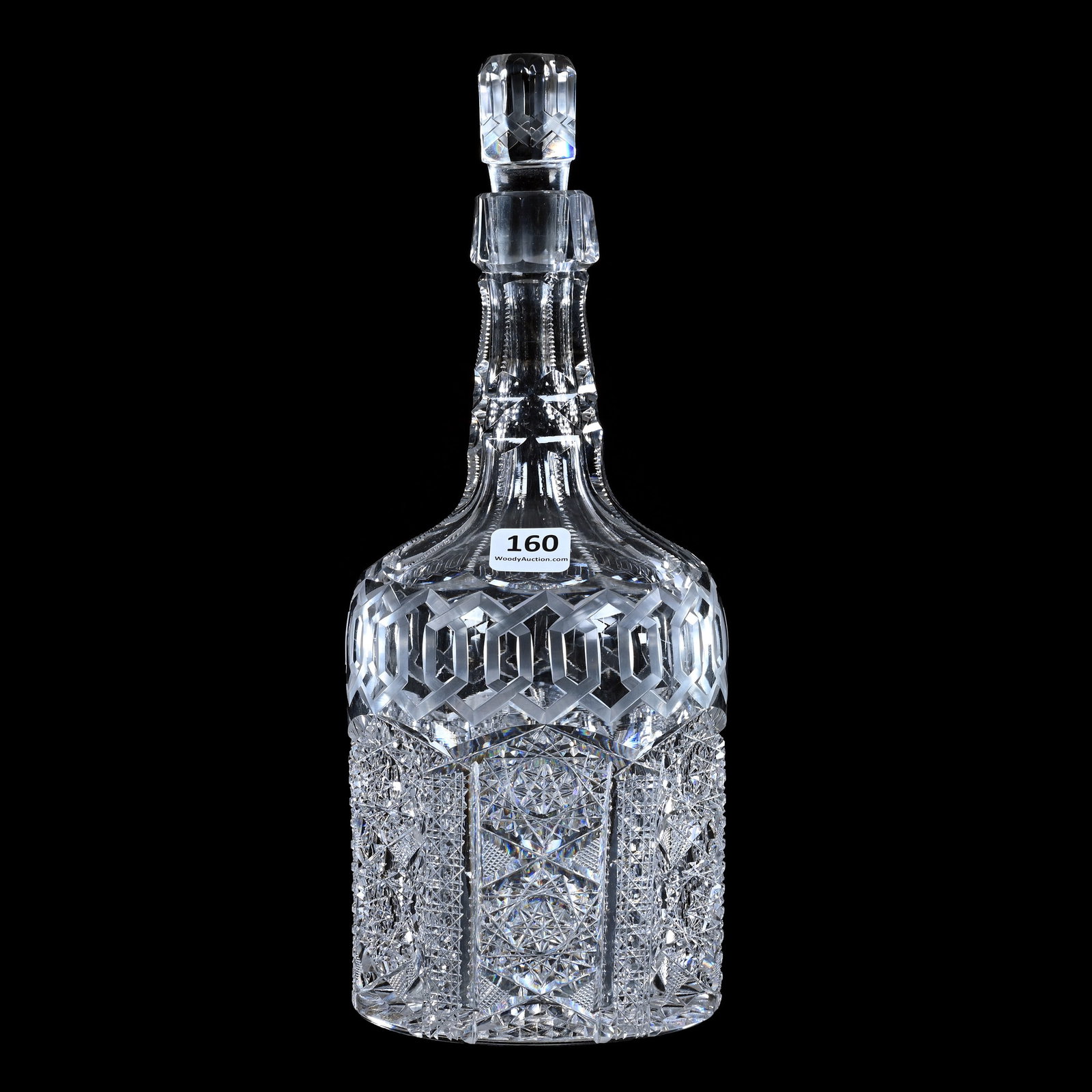 Whiskey Bottle, American Brilliant Cut Glass, Alhambra Pattern By Meriden: Whiskey Bottle, American Brilliant Cut Glass, Alhambra Pattern By Meriden, 10.75" x 4.5", Pattern Also Known As Greek Key, Hobstar Base, Stopper Not Original, Mike & Sandra Hackney, Georgia.