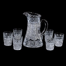 Water Set, American Brilliant Cut Glass, Alhambra Pattern By Meriden
