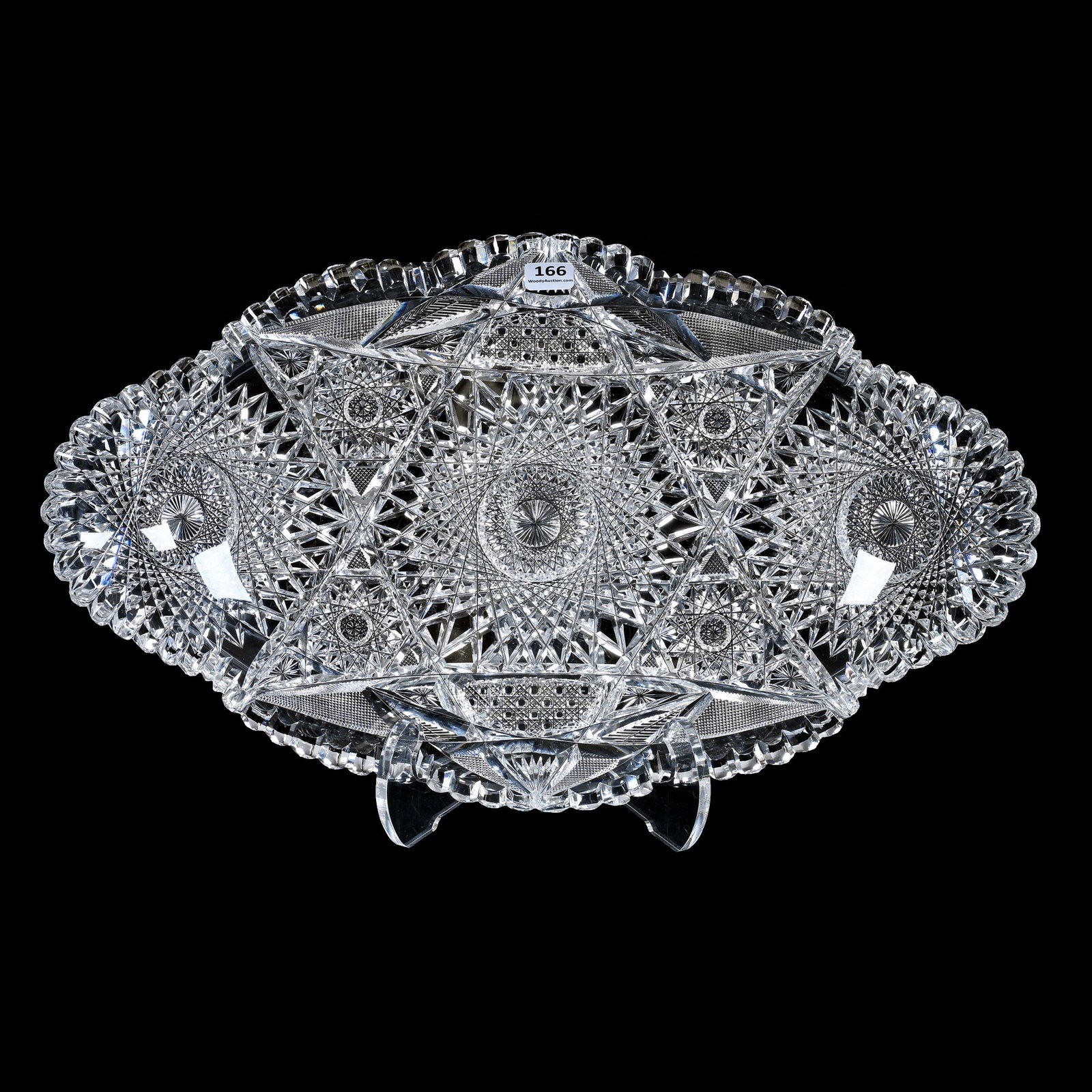 Ice Cream Tray, American Brilliant Cut Glass, Three Large Hobstars With Vesica, Cane, Crosshatch,: Ice Cream Tray, American Brilliant Cut Glass, Three Large Hobstars With Vesica, Cane, Crosshatch, Star & Fan Highlights, 17.5" x 10.25", This Tray Is Identical To Lot #230, Tooth Chip, Georgia Private