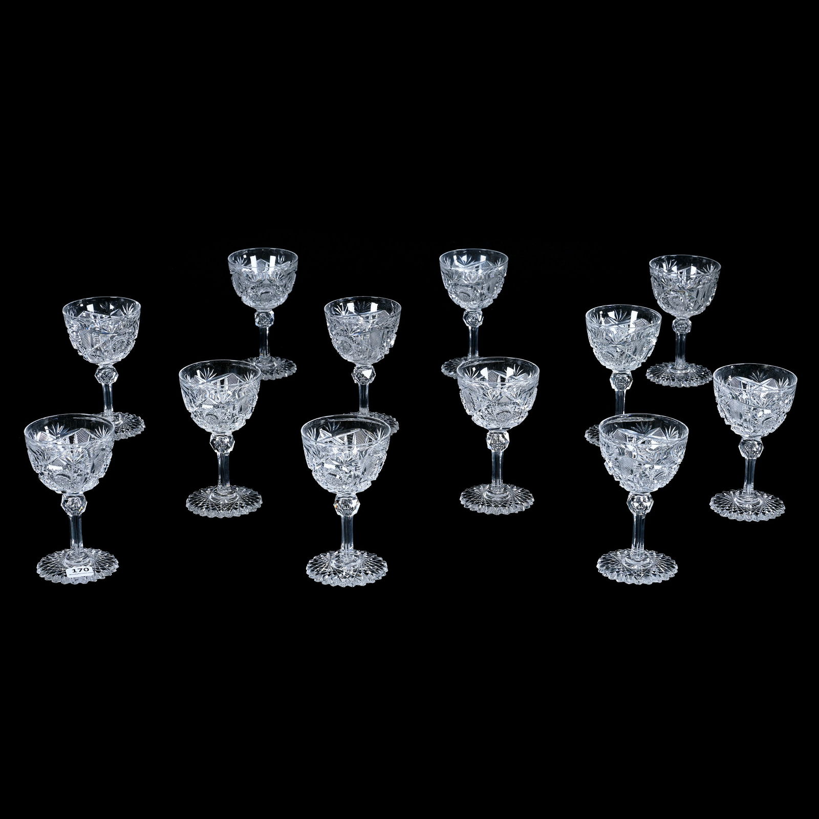 (12) Wine Stems, American Brilliant Cut Glass, Acme Pattern By J. Hoare: (12) Wine Stems, American Brilliant Cut Glass, Acme Pattern By J. Hoare, 5" x 3", Scalloped Hobstar Foot, Fantastic Set, Georgia Private Collection.