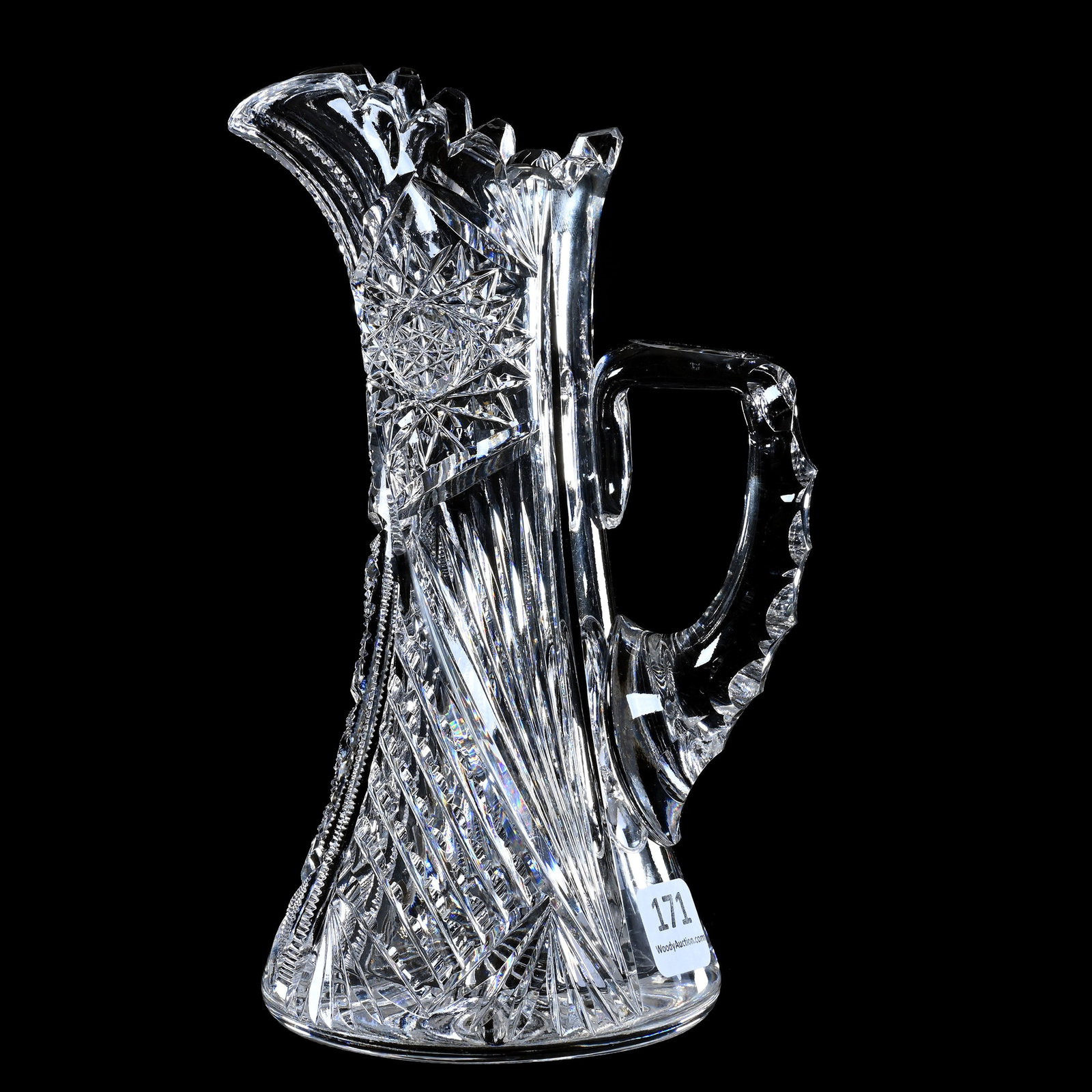 Tankard Shape Creamer, American Brilliant Cut Glass, Hobstar, Crosshatch, Star, Prism, File & Fan: Tankard Shape Creamer, American Brilliant Cut Glass, Hobstar, Crosshatch, Star, Prism, File & Fan Motif, 7.25" x 4.25", Triple Notched Handle, Ray Cut Base, Sherri Schott Collection, Kansas.