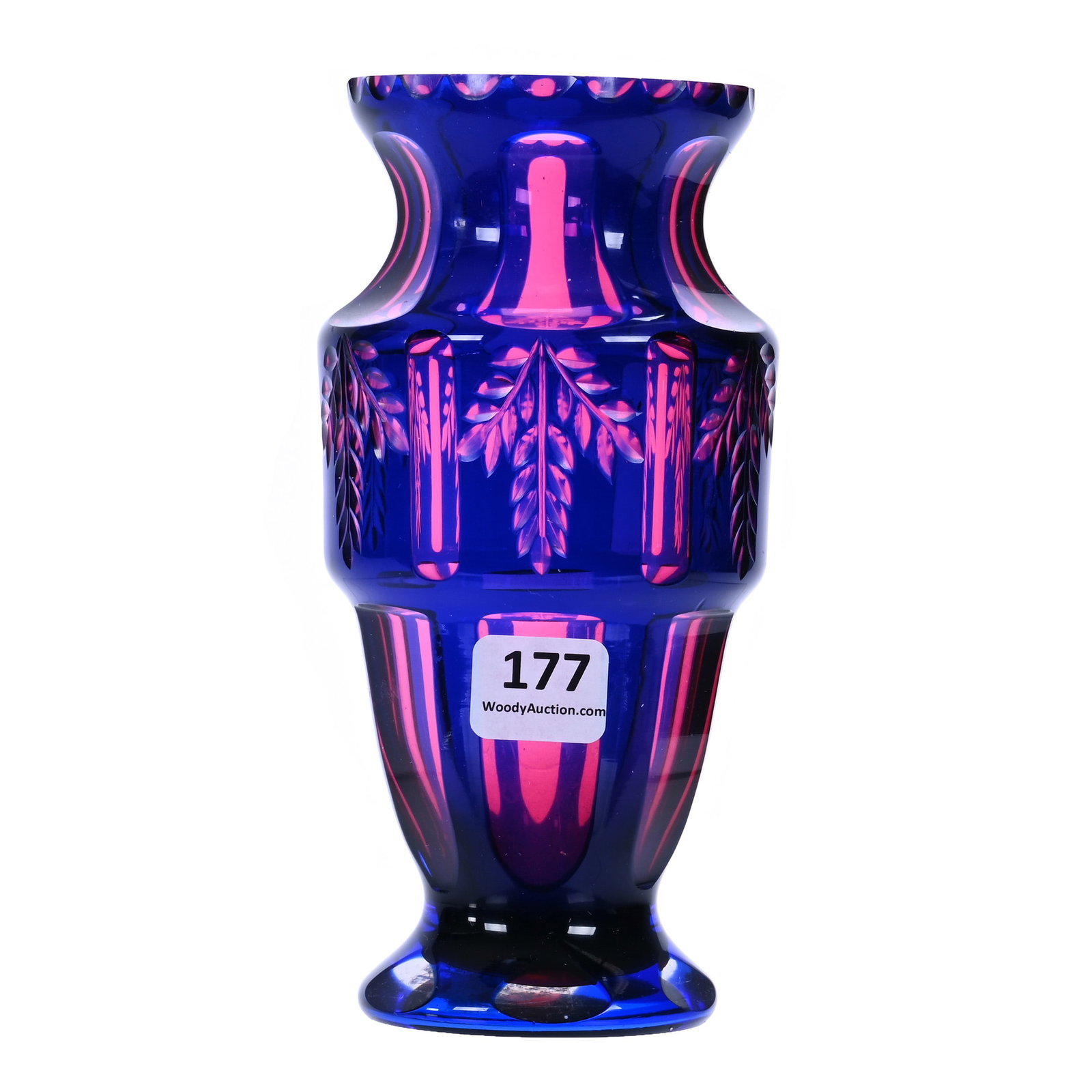 Vase, Cut Glass, Blue Cut To Cranberry Cut To Clear: Vase, Cut Glass, Blue Cut To Cranberry Cut To Clear, 6.25" x 3.25", Six-Sided With Engraved Branch And Leaf Decor, Unknown Maker, Sherri Schott Collection, Kansas.