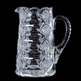 Water Pitcher, American Brilliant Cut Glass, Signed Hawkes Queens Pattern
