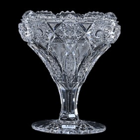 Tazza, American Brilliant Cut Glass, Hobstar Chain With Cane Vesicas, Crosshatch And Prism Motif
