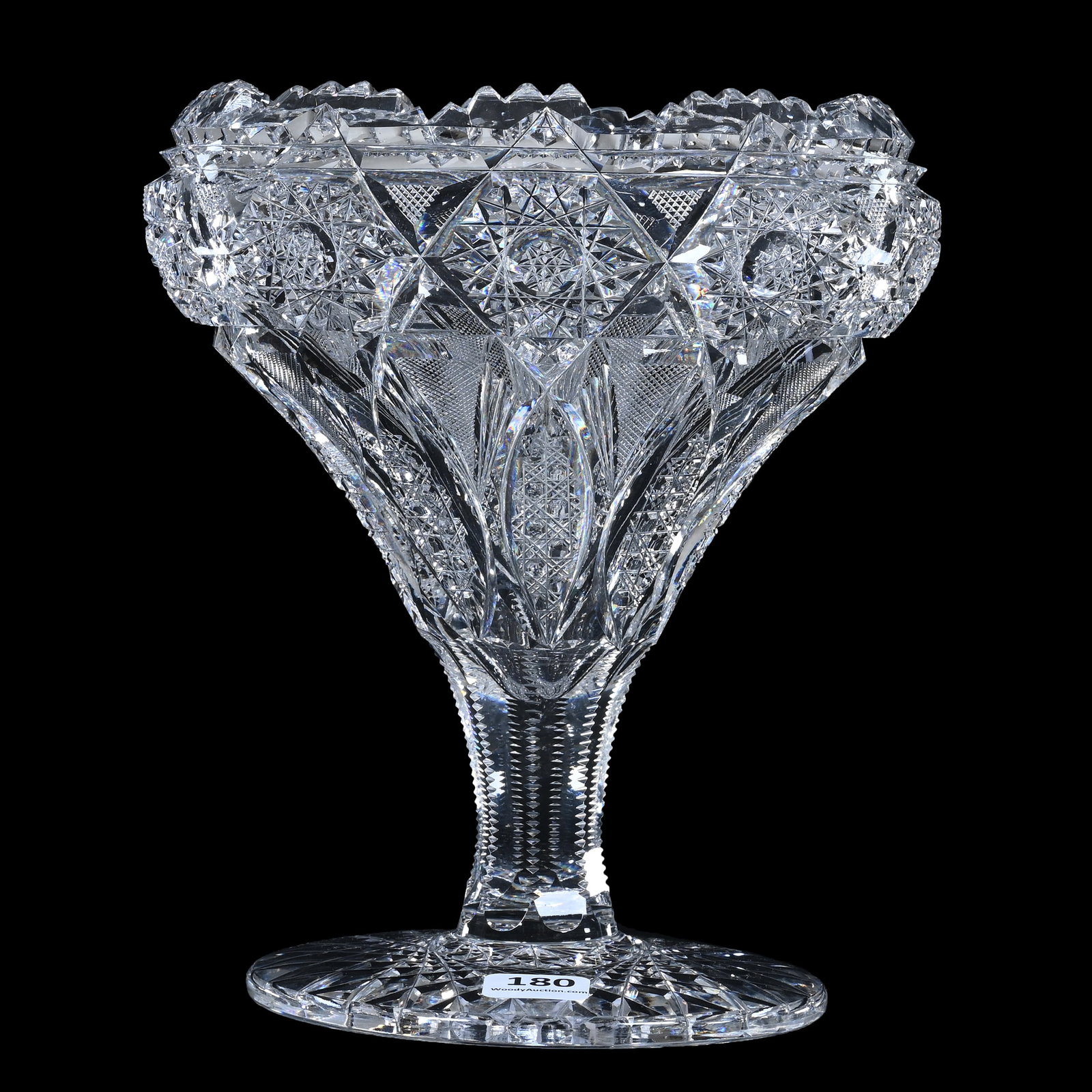 Tazza, American Brilliant Cut Glass, Hobstar Chain With Cane Vesicas, Crosshatch And Prism Motif: Tazza, American Brilliant Cut Glass, Hobstar Chain With Cane Vesicas, Crosshatch And Prism Motif, 8" x 6.75", Hobstar Foot, Hard To Locate Tooth Polish, Mike & Sandra Hackney, Georgia.