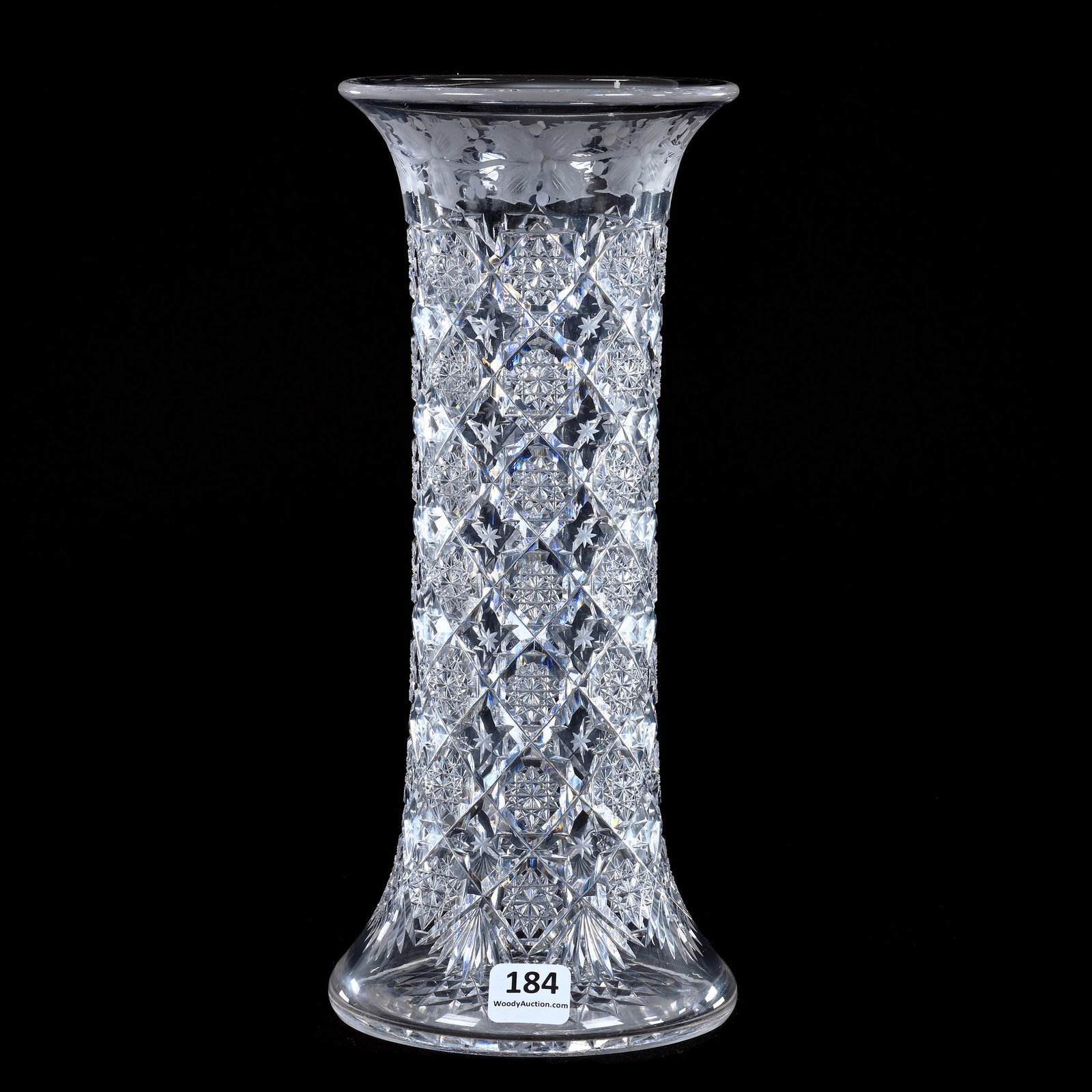 Vase, American Brilliant Cut Glass, Signed Sinclaire Snowflake And Holly Pattern: Vase, American Brilliant Cut Glass, Signed Sinclaire Snowflake And Holly Pattern, 10.25" x 4.25", Mike & Sandra Hackney, Georgia.