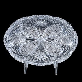 Oval Bowl, American Brilliant Cut Glass, Four Sections Featuring Hobstar, Cane Vesica, Button &