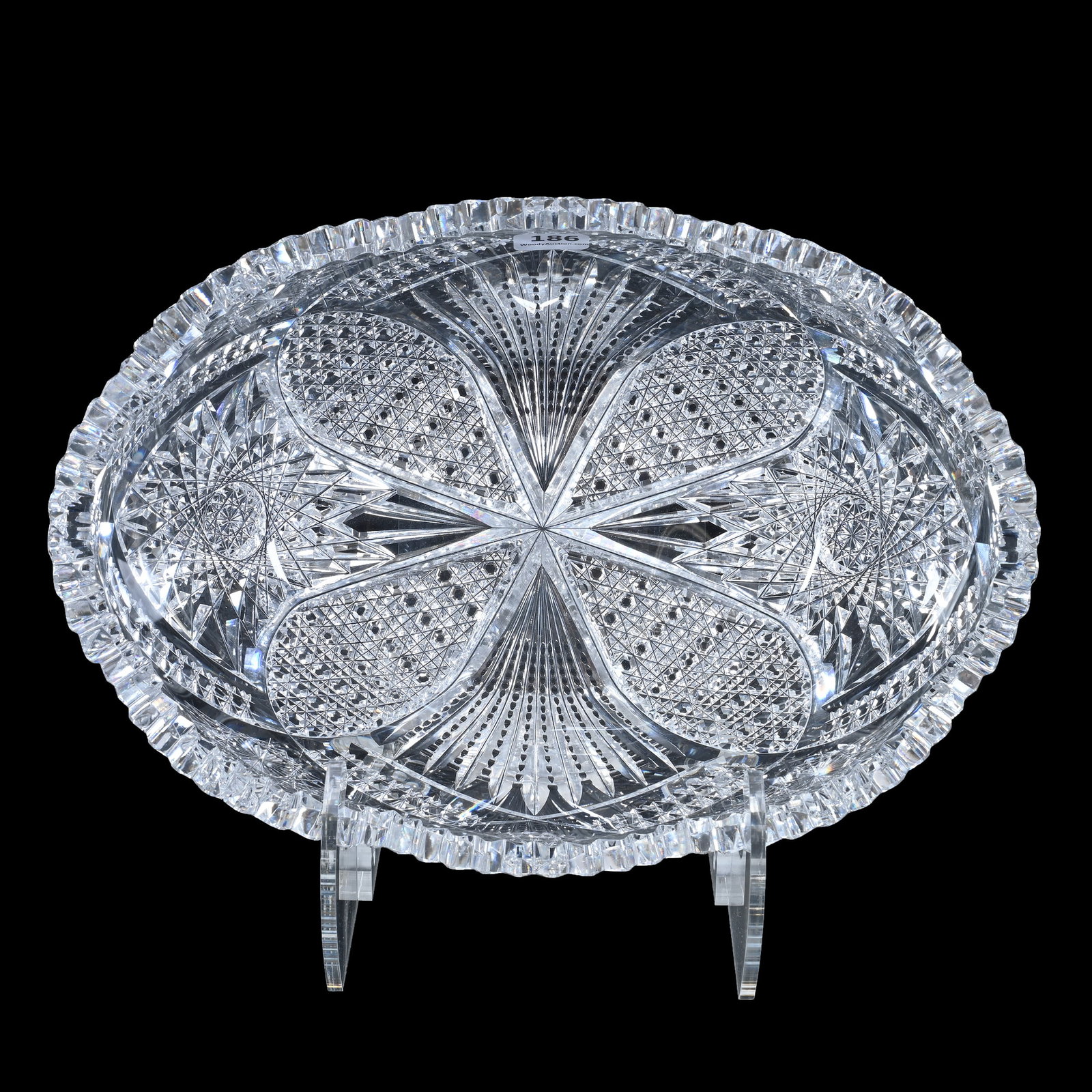Oval Bowl, American Brilliant Cut Glass, Four Sections Featuring Hobstar, Cane Vesica, Button &: Oval Bowl, American Brilliant Cut Glass, Four Sections Featuring Hobstar, Cane Vesica, Button & Notched Fan Motif, 4" x 11.25" x 7.75", Tooth Nick, Georgia Private Collection.