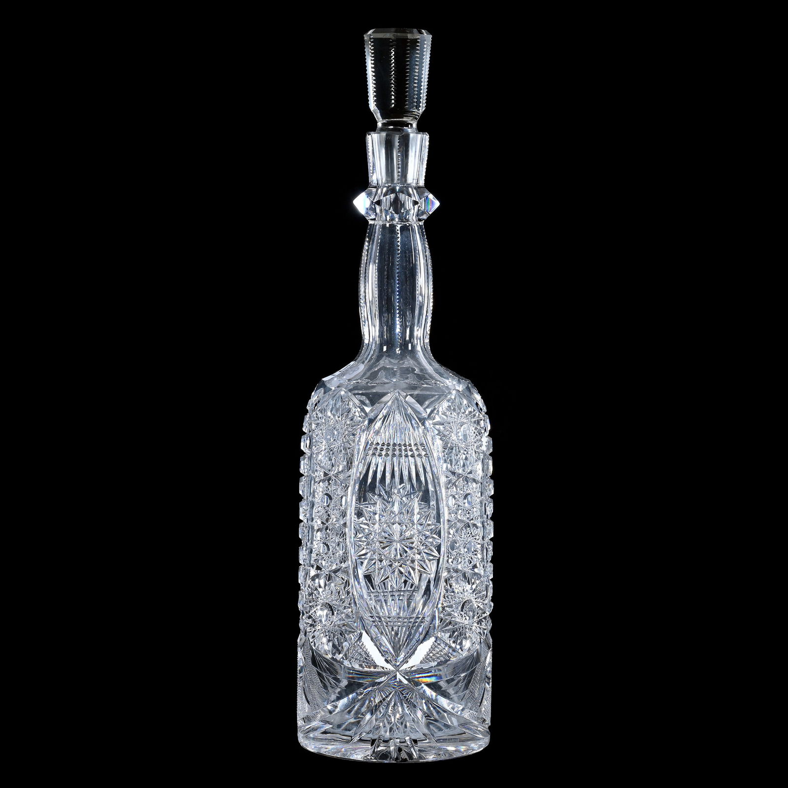 Whiskey Bottle, American Brilliant Cut Glass, Alternating Sections Of Cane Vesica, Hobstar, (1 of 3)