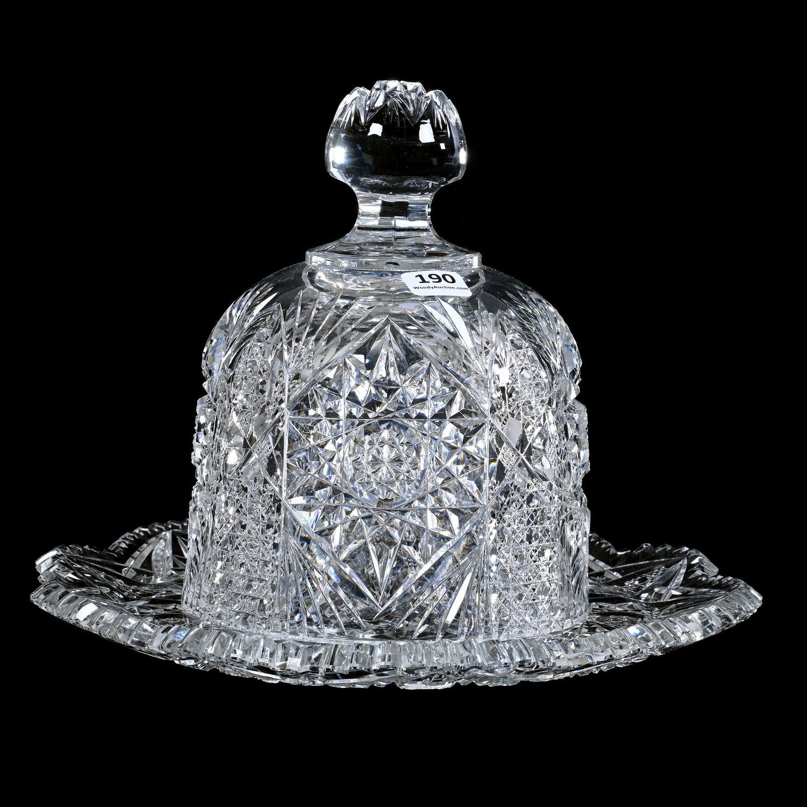 Covered Cheese Dish, American Brilliant Cut Glass, Hobstar And Cane Motif, Fan Highlights: Covered Cheese Dish, American Brilliant Cut Glass, Hobstar And Cane Motif, Fan Highlights, 8" x 10.5", Underplate Seems A Little Oversized, Rim Nicks On Underplate, Georgia Private Collection.