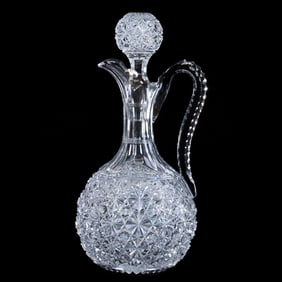 Handled Decanter, American Brilliant Cut Glass, Russian Pattern With Star Cut Buttons