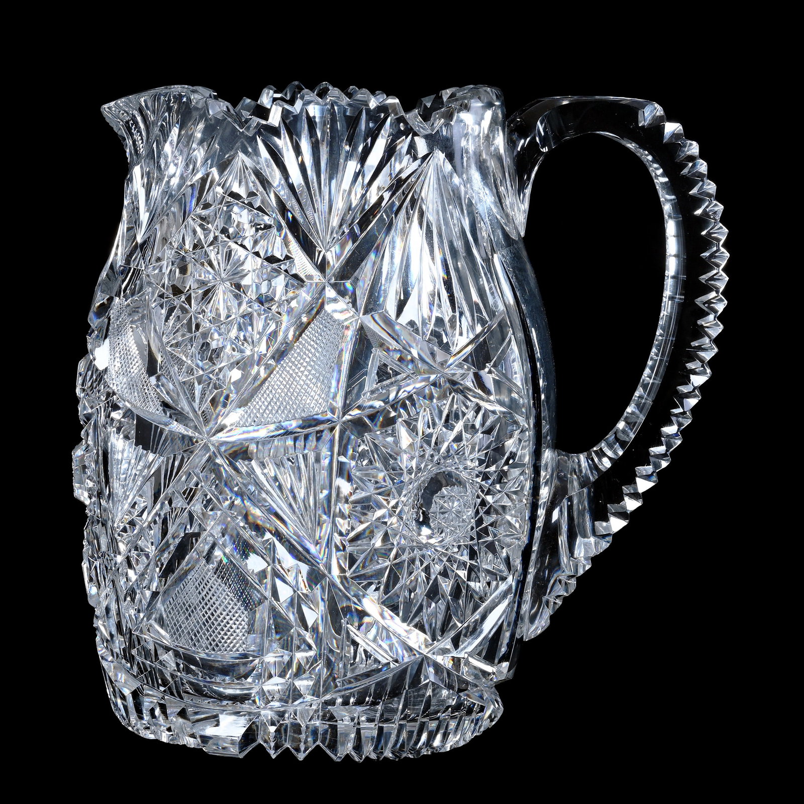 Pitcher, Barrel Shape, American Brilliant Cut Glass, Wonderfully Cut Hobstar, Crosshatch, Fan &: Pitcher, Barrel Shape, American Brilliant Cut Glass, Wonderfully Cut Hobstar, Crosshatch, Fan & Prism Motif, 7.75" x 7.25", Fully Notched Handle, Pattern Cut Base, Very Nice Quality, Pattern Bruise, G