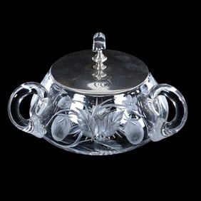Covered Jam Jar, Three Handles, American Brilliant Cut Glass